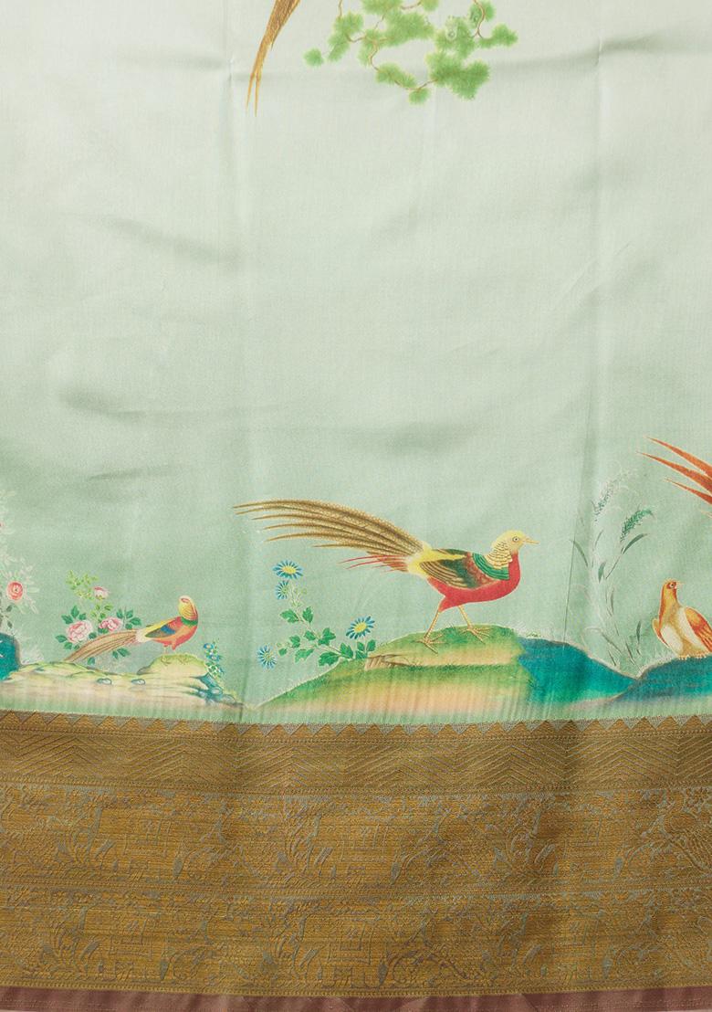 Olive Floral Print Zari Work Kanjivaram Soft Silk Saree With Blouse - Indya