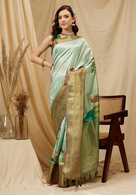 Olive Floral Print Zari Work Kanjivaram Soft Silk Saree With Blouse