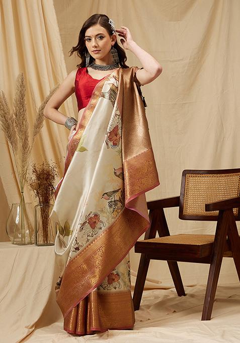 Beige Floral Print Zari Border Kanjivaram Soft Silk Saree With Blouse