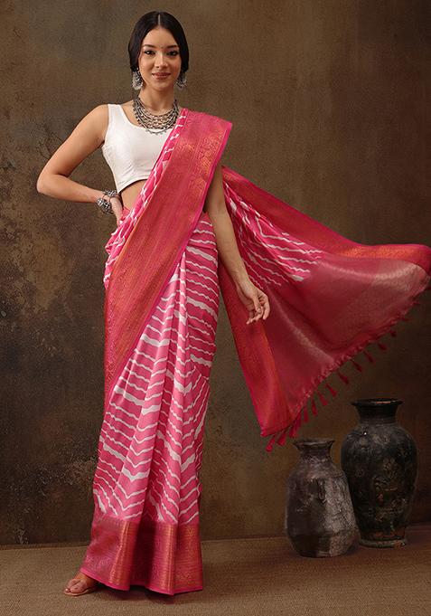 Pink Leheriya Print Zari Border Soft Silk Saree With Blouse