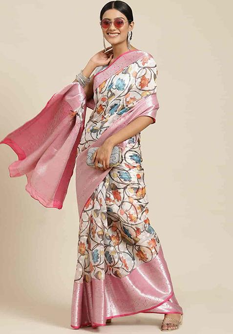 Multicolour Digital Print Zari Border Soft Silk Saree With Blouse