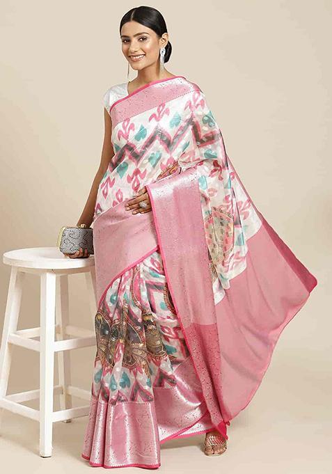 Multicolour Digital Print Zari Woven Soft Silk Saree With Blouse