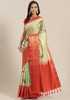 Green Digital Print Zari Work Banarasi Art Silk Saree With Blouse