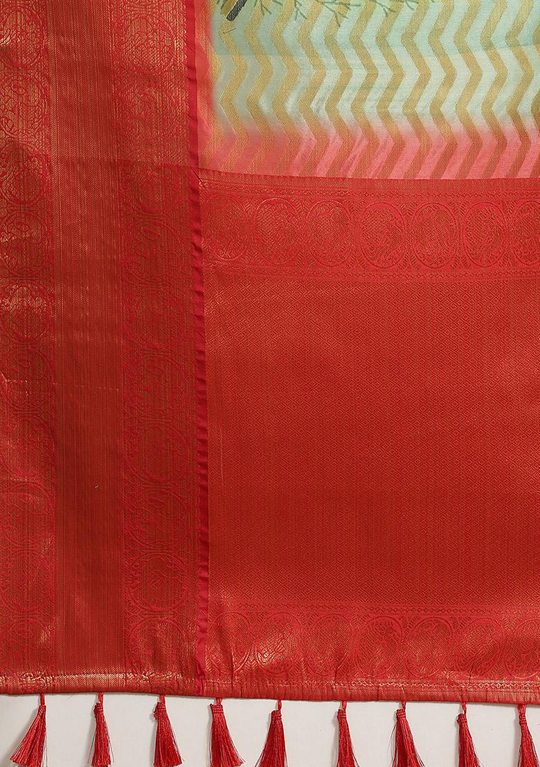 Green Digital Print Zari Work Banarasi Art Silk Saree With Blouse - Indya