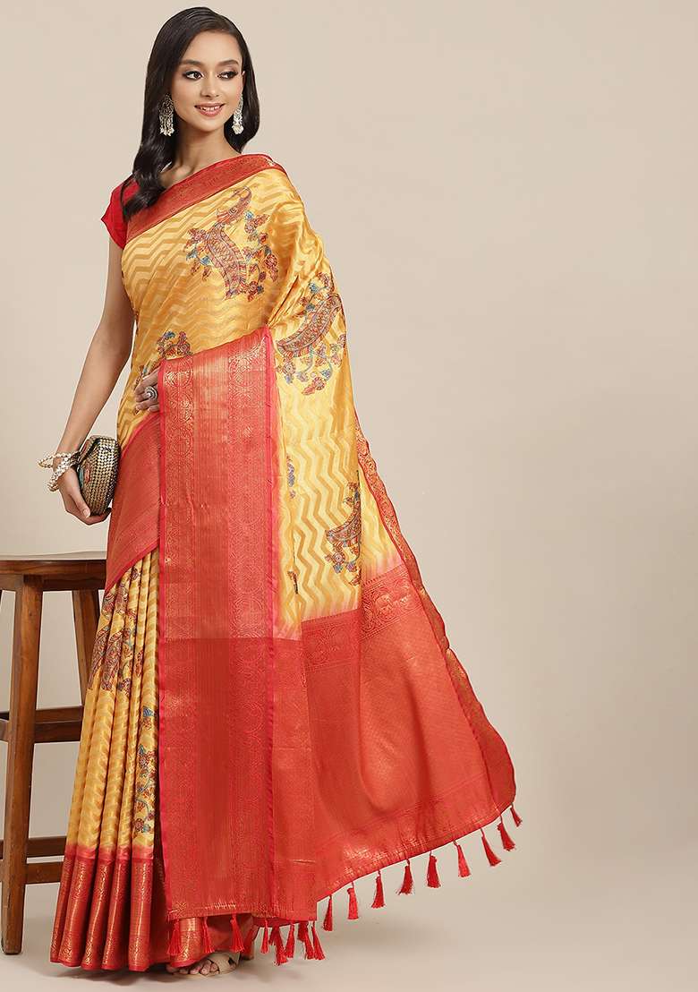 Yellow Digital Print Zari Work Banarasi Art Silk Blend Saree With Blouse - Indya