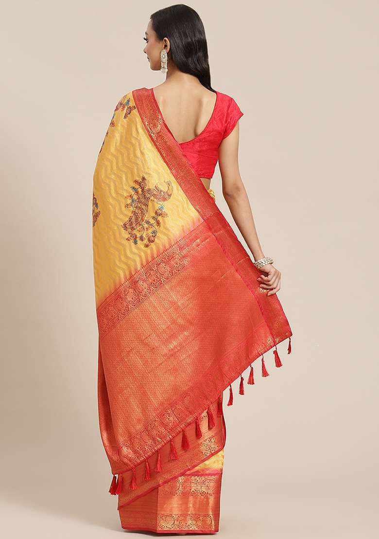 Yellow Digital Print Zari Work Banarasi Art Silk Blend Saree With Blouse - Indya