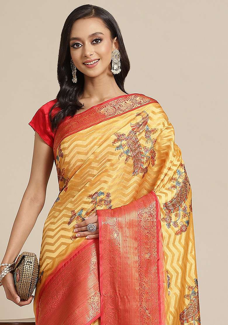 Yellow Digital Print Zari Work Banarasi Art Silk Blend Saree With Blouse - Indya