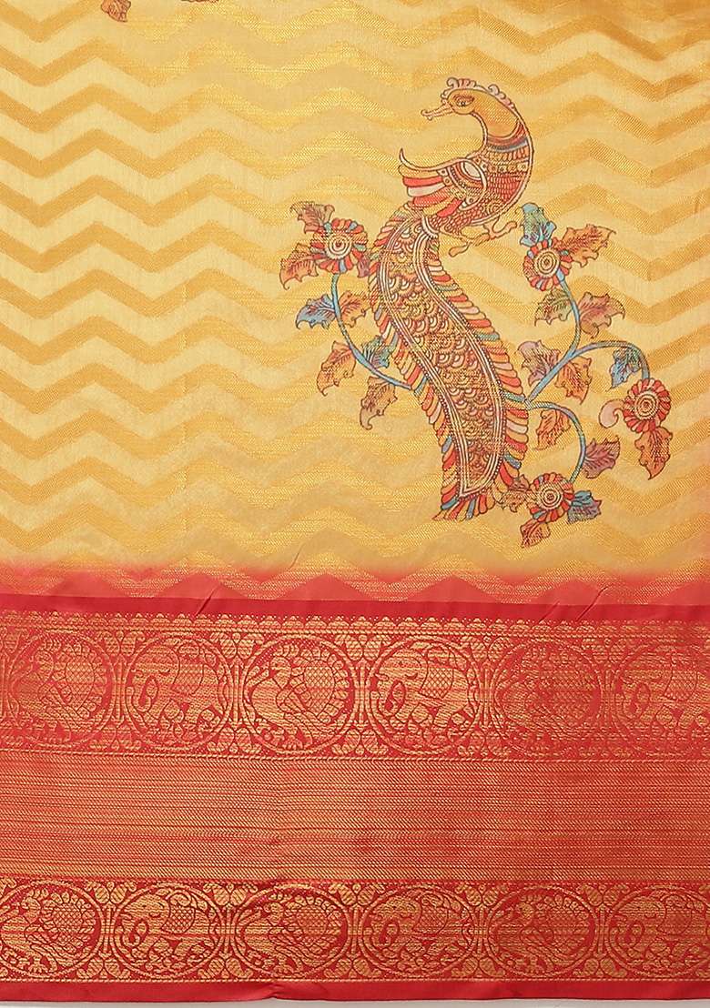 Yellow Digital Print Zari Work Banarasi Art Silk Blend Saree With Blouse - Indya