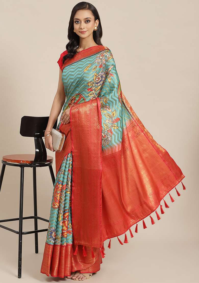 Teal Zari Woven Banarasi Art Silk Blend Saree With Blouse - Indya