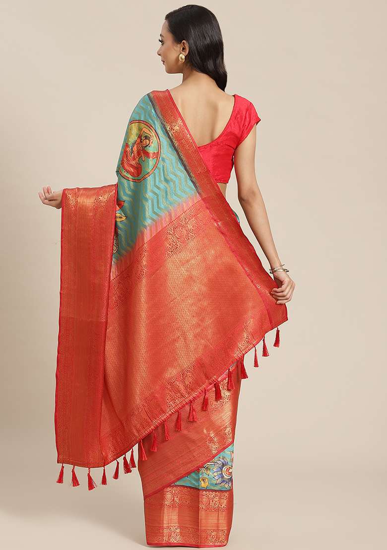 Teal Zari Woven Banarasi Art Silk Blend Saree With Blouse - Indya