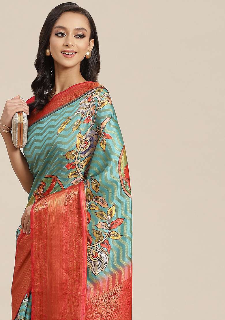 Teal Zari Woven Banarasi Art Silk Blend Saree With Blouse - Indya