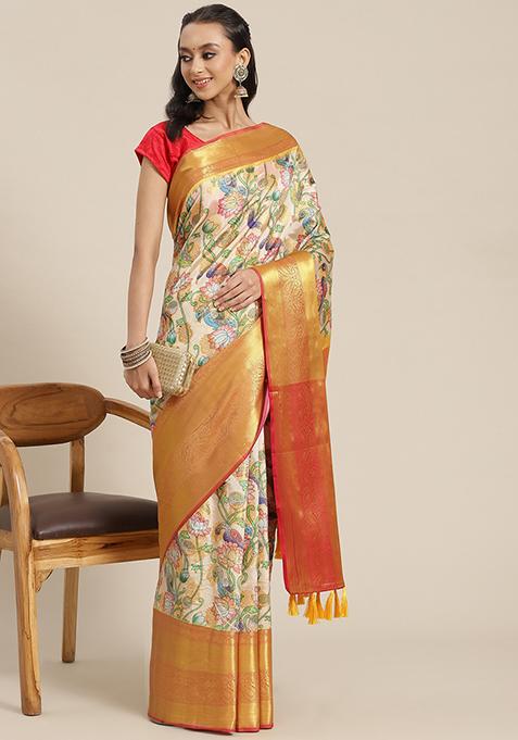 Multicolour Zari Embroidered Banarasi Art Silk Saree With Blouse