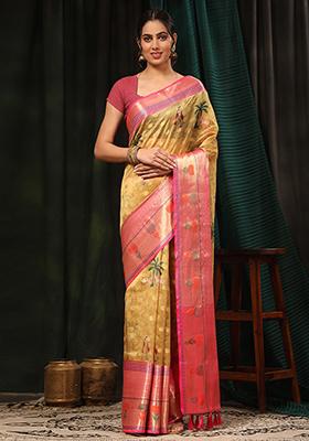 Mustard Kalamkari Zari Woven Banarasi Art Silk Saree With Blouse