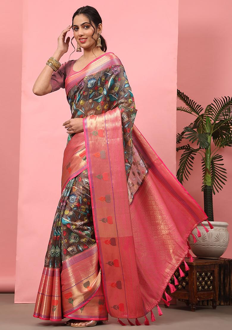 Brown Kalamkari Zari Woven Banarasi Art Silk Saree With Blouse - Indya