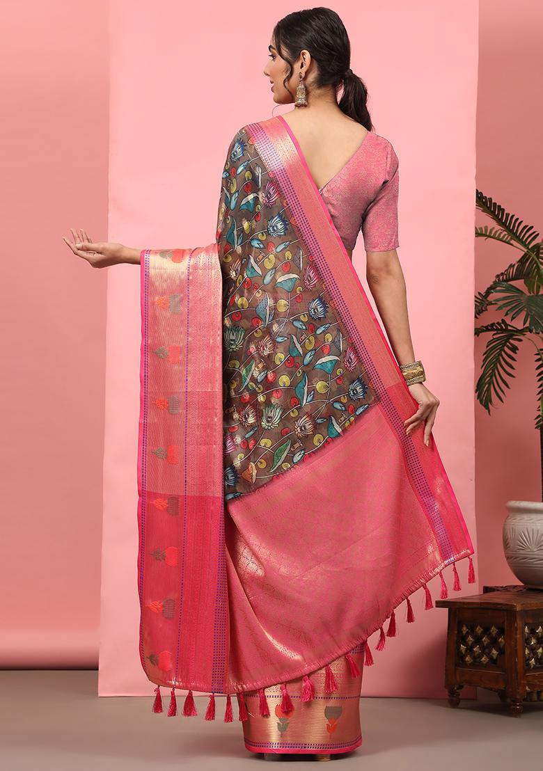 Brown Kalamkari Zari Woven Banarasi Art Silk Saree With Blouse - Indya
