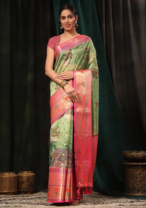 Multicolour Kalamkari Zari Woven Banarasi Art Silk Saree With Blouse