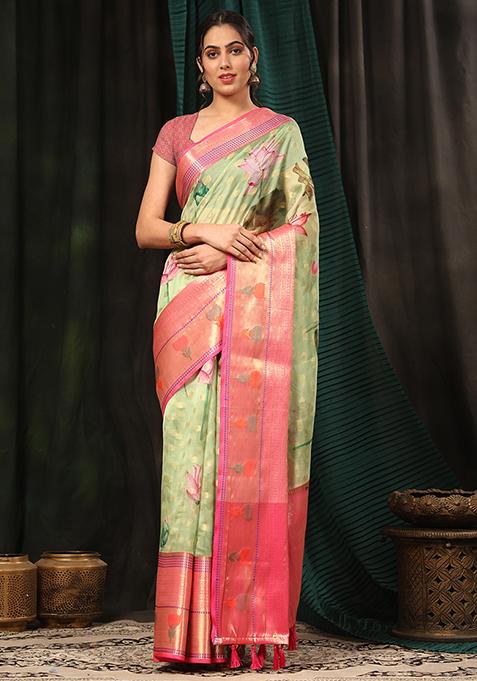 Parrot Green Kalamkari Zari Woven Banarasi Art Silk Saree With Blouse