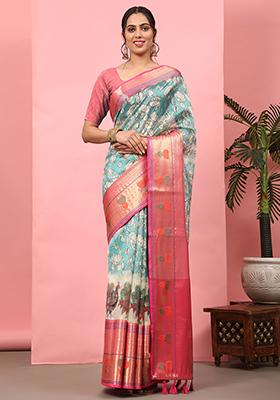 Teal Kalamkari Zari Woven Banarasi Art Silk Saree With Blouse