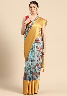 Sky Blue Digital Print Zari Border Muga Silk Saree With Blouse