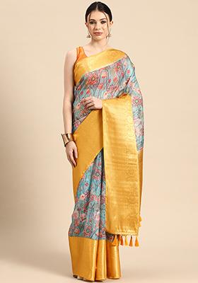 Teal Digital Print Zari Border Muga Silk Saree With Blouse