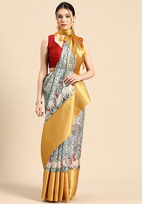 Grey Digital Print Zari Border Muga Silk Saree With Blouse