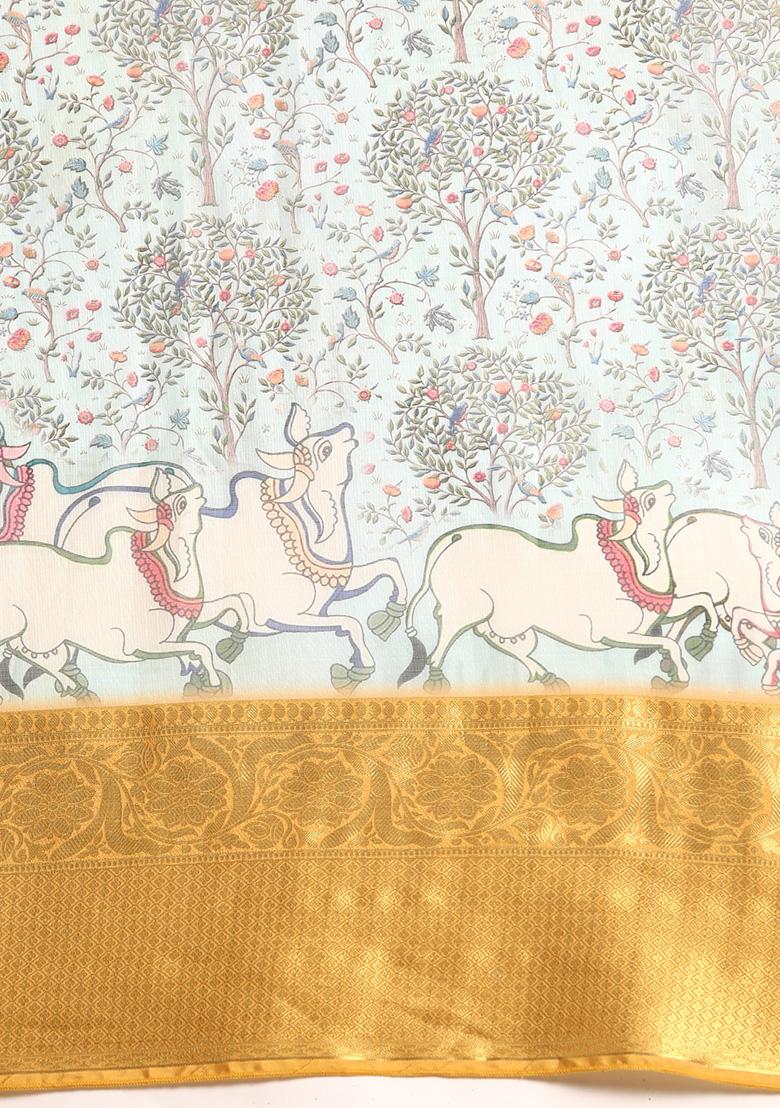 Grey Digital Print Zari Border Muga Silk Saree With Blouse - Indya