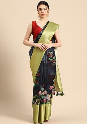 Navy Digital Print Zari Border Muga Silk Saree With Blouse