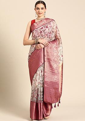 Beige Digital Print Zari Border Muga Silk Saree With Blouse