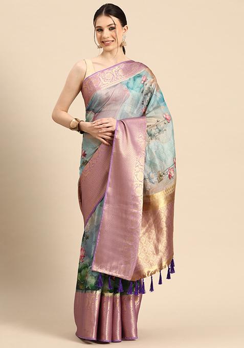 Multicolour Digital Print Zari Border Pichwai Muga Silk Saree With Blouse