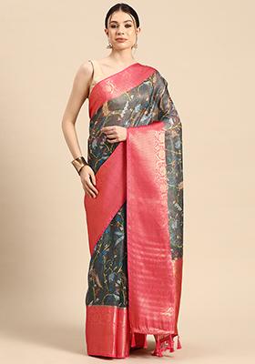 Grey Digital Print Zari Work Muga Silk Saree With Blouse