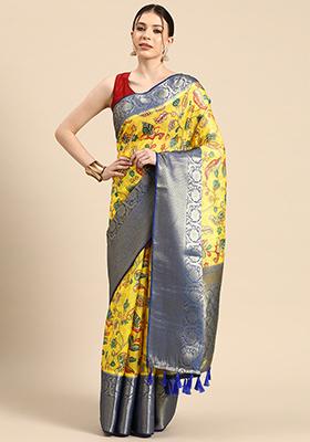 Yellow Digital Print Zari Border Muga Silk Saree With Blouse