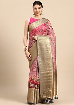 Beige Digital Print Zari Work Muga Silk Saree With Blouse