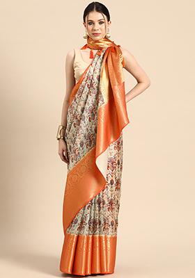 Multicolour Digital Print Zari Border Muga Silk Saree With Blouse