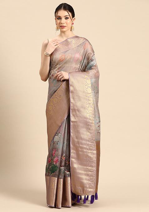 Grey Pichwai Muga Silk Digital Print Saree With Blouse