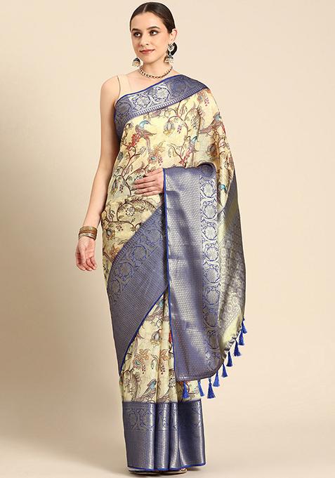 Beige Pichwai Muga Silk Digital Print Saree With Blouse