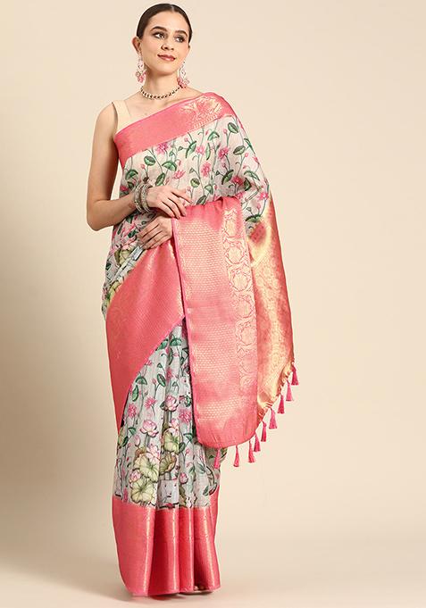 Beige Pichwai Zari Muga Silk Digital Print Saree With Blouse