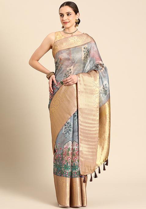 Grey Pichwai Zari Muga Silk Digital Print Saree With Blouse