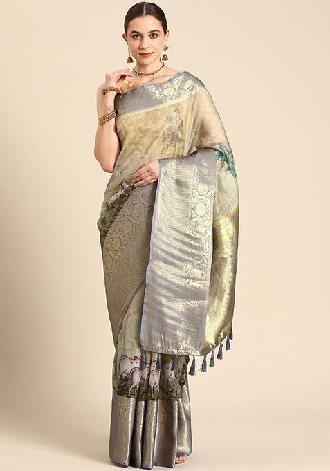 Mehendi Green Pichwai Muga Zari Silk Digital Print Saree With Blouse