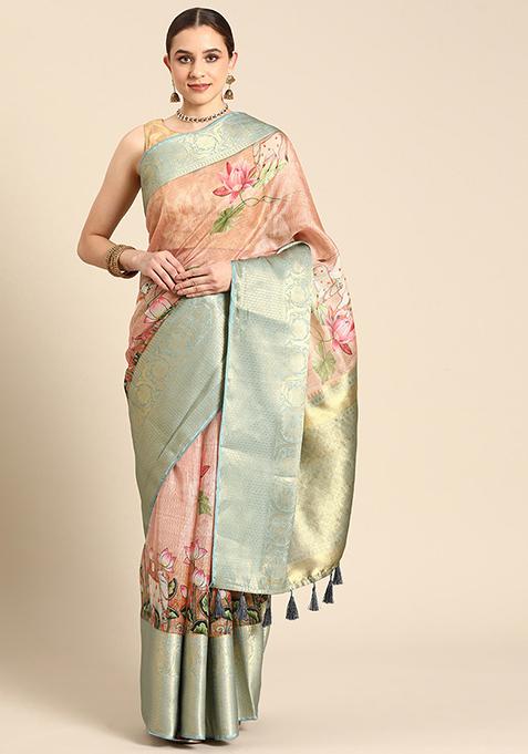 Peach Pichwai Muga Zari Silk Digital Print Saree With Blouse