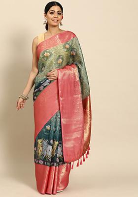 Green Pichwai Muga Silk Digital Print Saree With Blouse