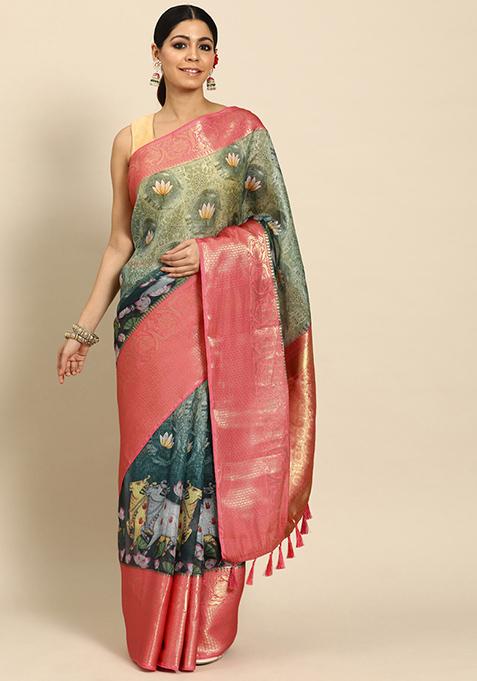 Green Pichwai Muga Silk Digital Print Saree With Blouse