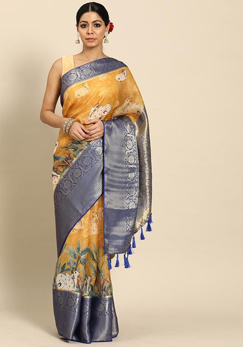 Mustard Pichwai Muga Silk Digital Print Saree With Blouse