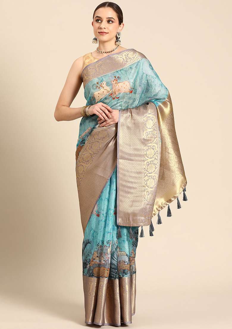 Teal Pichwai Muga Zari Silk Digital Print Saree With Blouse - Indya