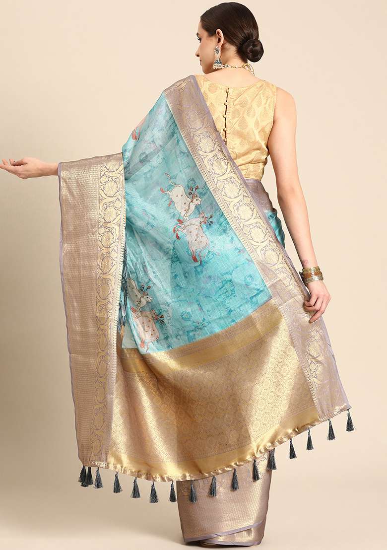 Teal Pichwai Muga Zari Silk Digital Print Saree With Blouse - Indya