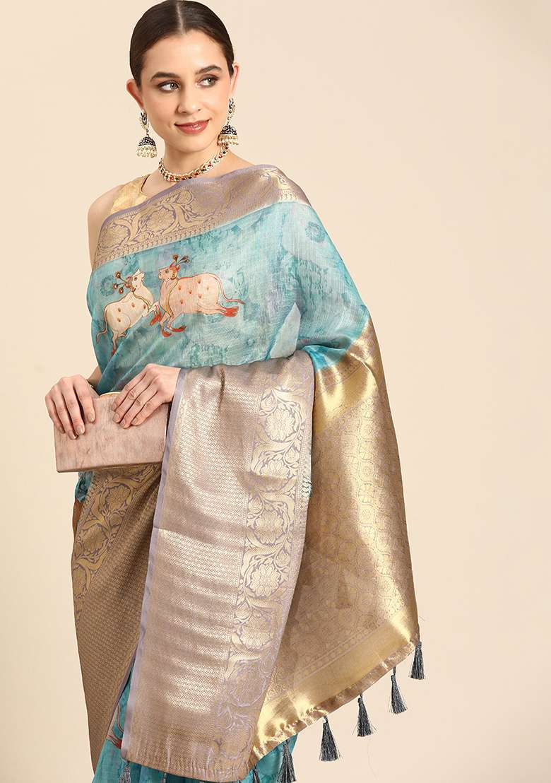 Teal Pichwai Muga Zari Silk Digital Print Saree With Blouse - Indya