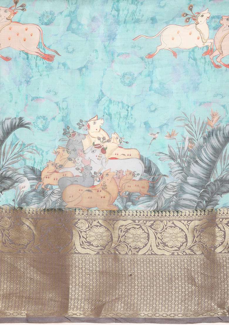 Teal Pichwai Muga Zari Silk Digital Print Saree With Blouse - Indya
