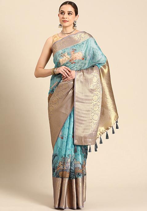 Teal Pichwai Muga Zari Silk Digital Print Saree With Blouse