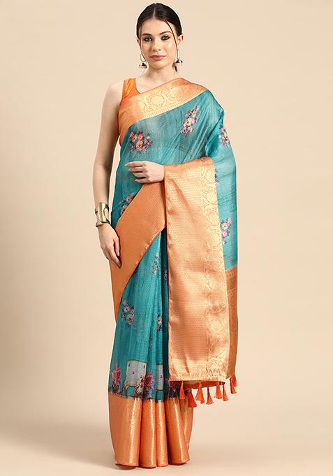 Teal Pichwai Zari Muga Silk Digital Print Saree With Blouse