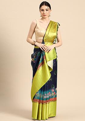 Navy Blue Pichwai Zari Muga Silk Digital Print Saree With Blouse