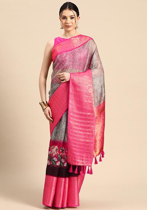 Grey Pichwai Muga Zari Silk Digital Print Saree With Blouse